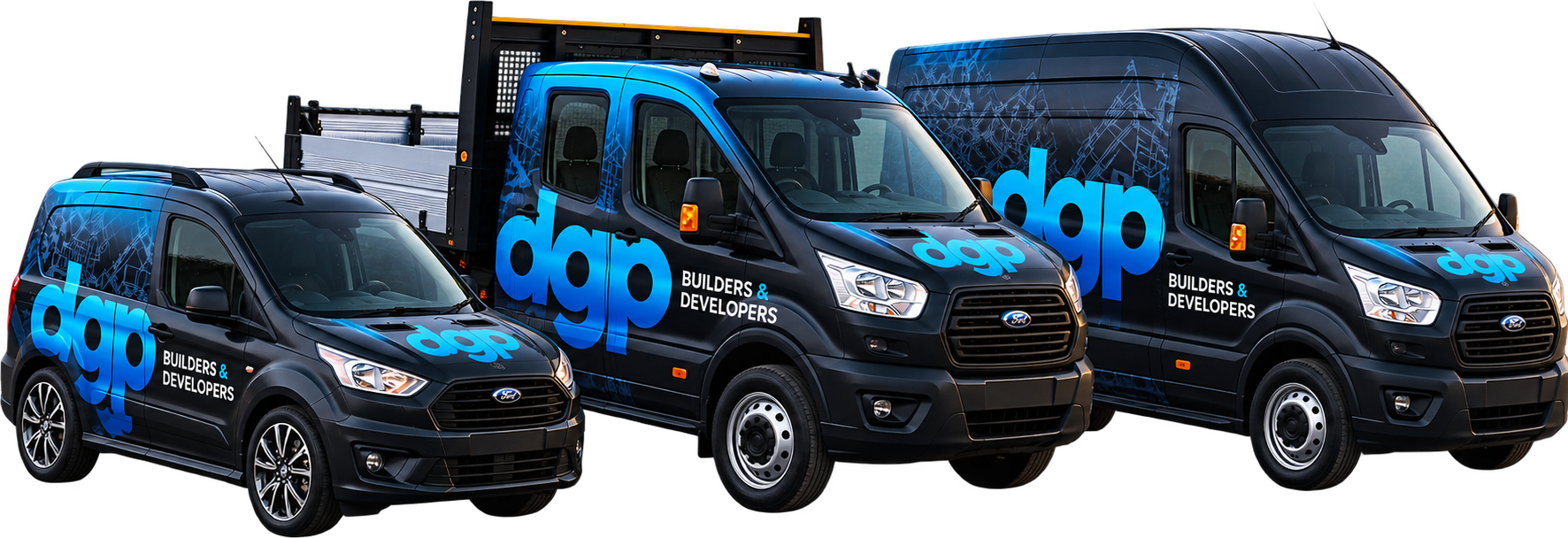 Vans in the black and blue dgp livery of DG Pallatina Builders and Developers